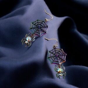 Colorful spider web design with shiny rhinestone decor dangle earrings goth punk